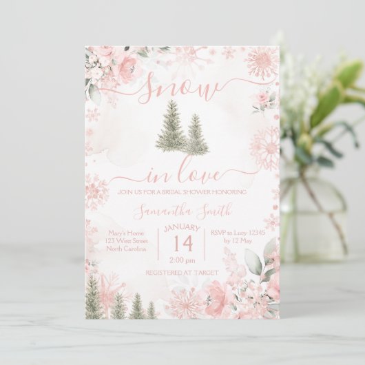 Blush Pink Snow in Love Snowflake Bridal Shower Kaart (Staand voorkant)