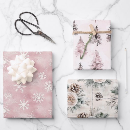 Blush Pink Snowflakes Trees Flowers Christmas Inpakpapier Vel (Voorkant)