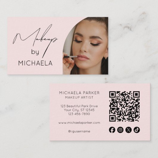 Blush Pink Social Icon QR Code Photo Makeup Visitekaartje (Voorkant / Achterkant)