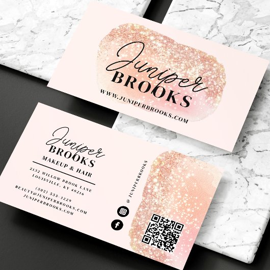 Blush Pink Social Media QR Code Glitter Visitekaartje
