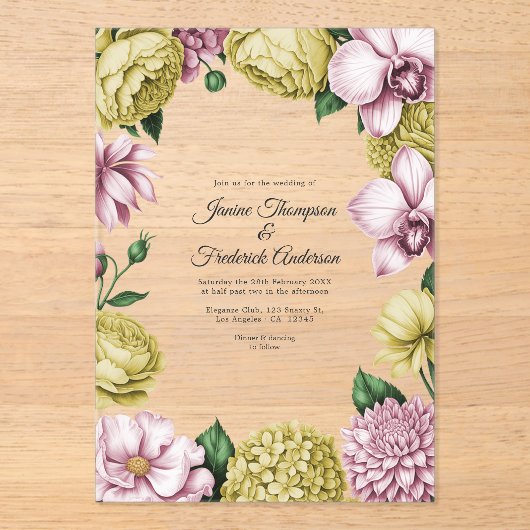 Blush Pink & Soft Gold Modern Botanical Wedding Acryl Uitnodigingen (Voorkant)