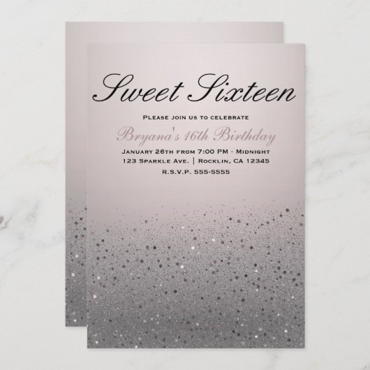 Blush Pink Sparkly Glitter Sweet 16 Birthday Party Kaart (Voorkant / Achterkant)