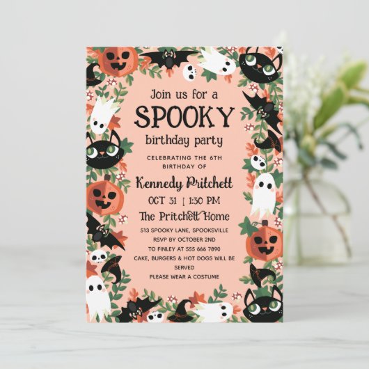 Blush Pink Spooky Halloween Kids Verjaardagsfeestj Kaart (Staand voorkant)