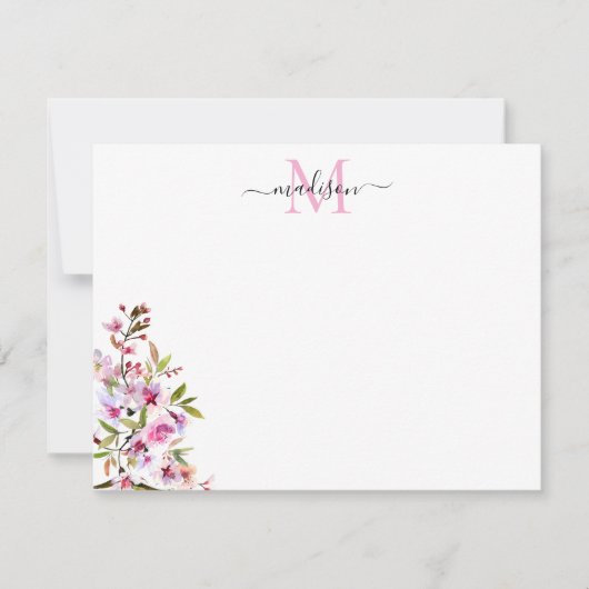 Blush Pink Spring Floral Cherry Blossom Monogram Notitiekaartje (Voorkant)