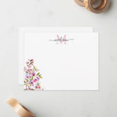 Blush Pink Spring Floral Cherry Blossom Monogram Notitiekaartje (Voorkant / Achterkant in situ)