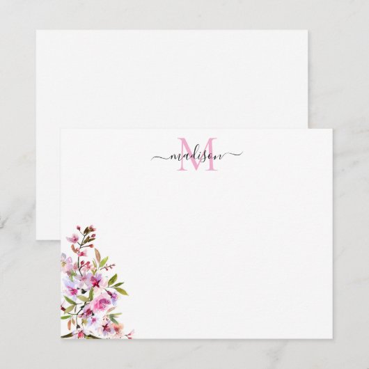 Blush Pink Spring Floral Cherry Blossom Monogram Notitiekaartje (Voorkant / Achterkant)