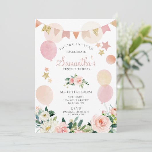 Blush Pink Spring Floral Girl Birthday Party Kaart (Staand voorkant)