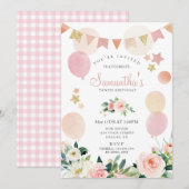 Blush Pink Spring Floral Girl Birthday Party Kaart (Voorkant / Achterkant)