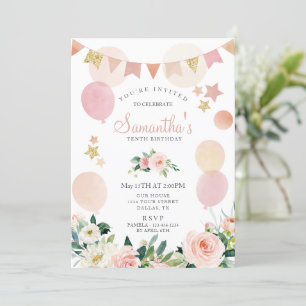 Blush Pink Spring Floral Girl Birthday Party Kaart