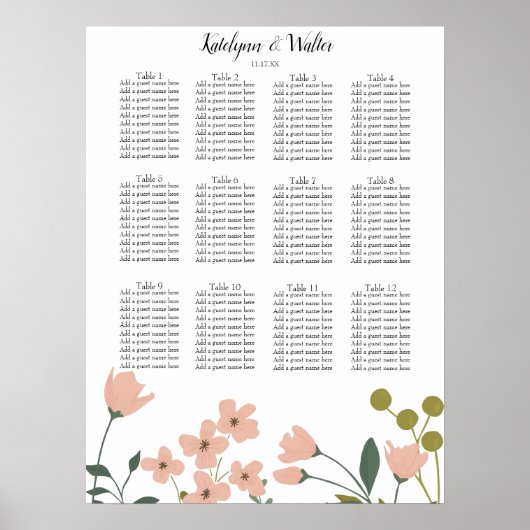 Blush Pink Spring Floral Wedding Seating Chart Poster (Voorkant)