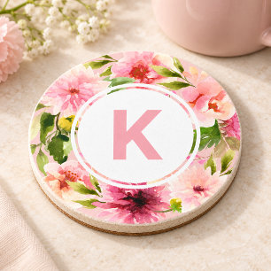 Blush Pink Spring Waterverf Flowers Monogram Zandsteen Onderzetter