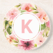 Blush Pink Spring Waterverf Flowers Monogram Zandsteen Onderzetter (Voorkant)