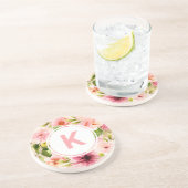 Blush Pink Spring Waterverf Flowers Monogram Zandsteen Onderzetter (Zijkant)