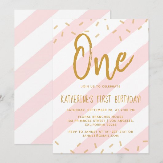 Blush Pink Sprinkle Stripes Gold Glitter Birthday Kaart (Voorkant / Achterkant)