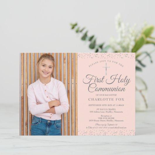Blush Pink Stardust First Heilige Communfoto Kaart (Staand voorkant)