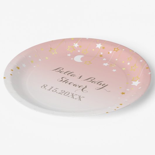 Blush Pink Stars Moon Baby shower Papieren Bordje (Gekanteld)
