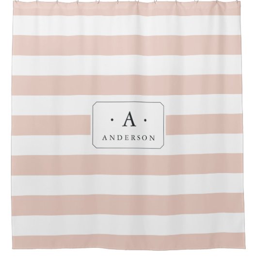 Blush Pink Stripe Familienaam & Monogram Douchegordijn (Voorkant)