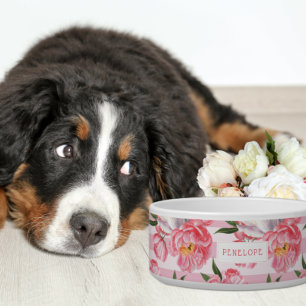 Blush Pink Stripe & Peony Floral   Monogram Bowl Voerbakje