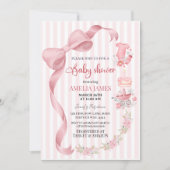 Blush Pink Striped Coquette Bow Girl Baby Shower Kaart (Voorkant)