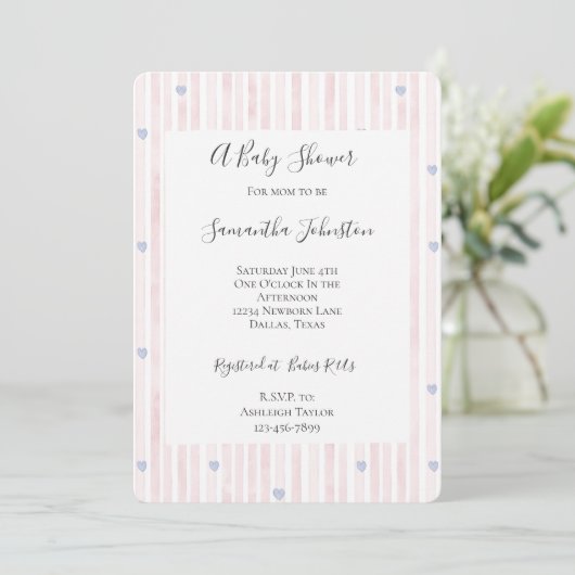 Blush Pink Stripes Blue Hearts Baby shower Kaart (Staand voorkant)
