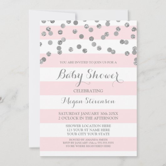 Blush Pink Stripes Confetti Baby shower Uitnodigin Kaart (Achterkant)