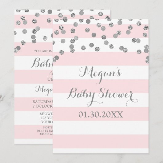 Blush Pink Stripes Confetti Baby shower Uitnodigin Kaart (Voorkant / Achterkant)