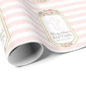 Blush Pink Stripes Floral Gold Baptisme Monogram Cadeaupapier (Rol Hoek)