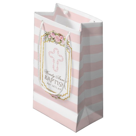 Blush Pink Stripes Floral Gold Baptisme Monogram Klein Cadeauzakje (Voorkant Gekanteld)