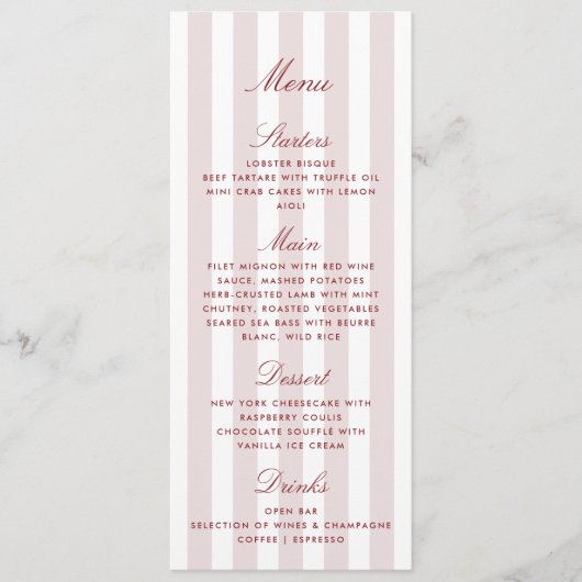 Blush Pink Stripes Modern Wedding Menu Kaart (Voorkant)