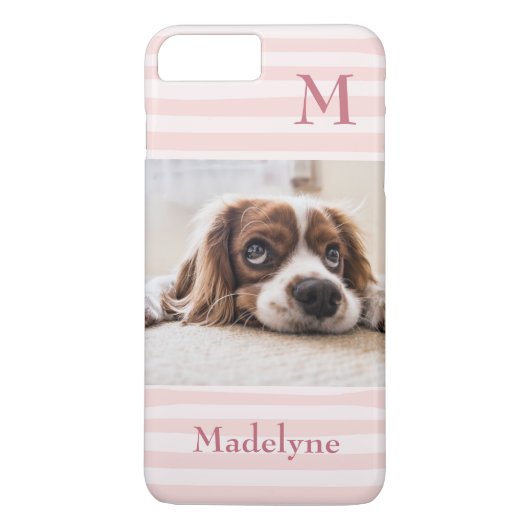 Blush Pink Stripes Monogram Foto gepersonaliseerd Case-Mate iPhone Case (Achterkant)