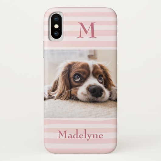 Blush Pink Stripes Monogram Foto gepersonaliseerd Case-Mate iPhone Case (Achterkant)