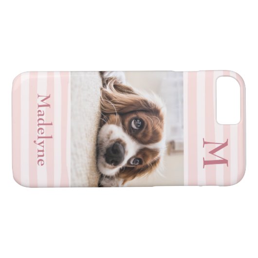 Blush Pink Stripes Monogram Foto gepersonaliseerd Case-Mate iPhone Case (Achterkant (Horizontaal))