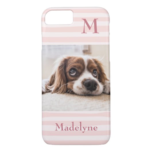 Blush Pink Stripes Monogram Foto gepersonaliseerd Case-Mate iPhone Case (Achterkant)