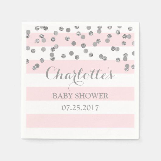 Blush Pink Stripes Zilver Confetti Baby shower Servet (Voorkant)