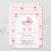Blush Pink Stroller Gingham Bow Girl Baby shower Kaart (Voorkant)