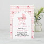 Blush Pink Stroller Gingham Bow Girl Baby shower Kaart (Staand voorkant)
