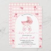 Blush Pink Stroller Gingham Bow Girl Baby shower Kaart (Voorkant / Achterkant)