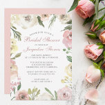 Blush Pink Summer Floral Elegant Vrijgezellenfeest Kaart<br><div class="desc">Een elegante florale bouquet van wazige roze waterverf pinda's en ivoorcrème rozen creëer een mooie grens die deze mooie lente- of zomerbrudale doucheuitnodiging lijsten. De botanische tapijten van de groene eucalyptusbladeren van de sagarist vormen een decoratie in het midden van de perzikserie van bloemen die de mooie moderne typografie omringen...</div>