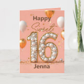 Blush Pink Sweet 16 Gouden Parel Aantal en Ballonn Kaart (Voorkant)