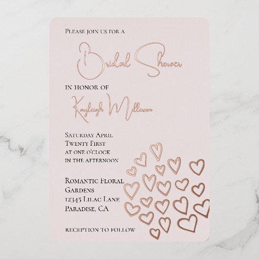 Blush Pink Sweet Hearts Vrijgezellenfeest Folie Uitnodiging (Voorkant)