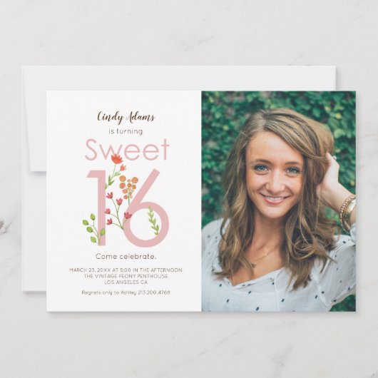 Blush Pink Sweet Sixteen met Waterverf Flowers Kaart (Voorkant)