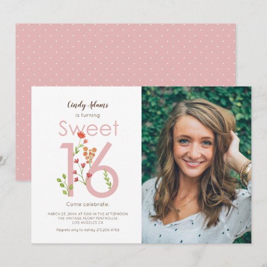 Blush Pink Sweet Sixteen met Waterverf Flowers Kaart (Voorkant / Achterkant)