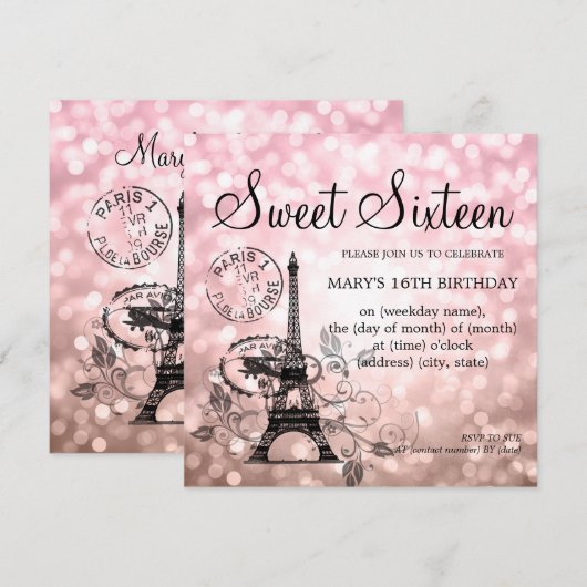 Blush Pink Sweet Sixteen Romantic Paris Glam Kaart (Voorkant / Achterkant)