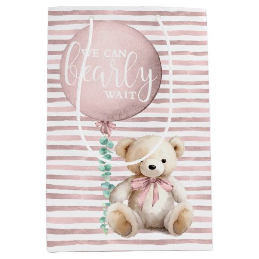 Blush Pink Teddy Bear Baby Gift Bag Medium Cadeauzakje (Voorkant)