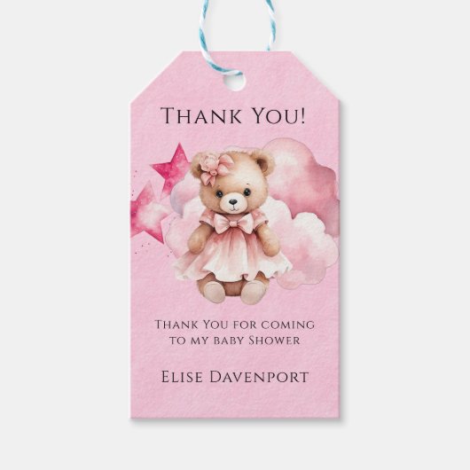Blush Pink Teddy Bear Meisje Baby shower Dank u Cadeaulabel (Voorkant)