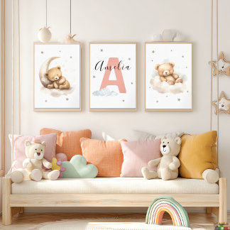 Blush Pink Teddy Bear Nursery Wall Art Custom Name Muurkunst Sets