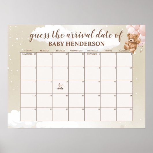 Blush Pink Teddy Bear raden de vervaldatum kalende Poster (Voorkant)