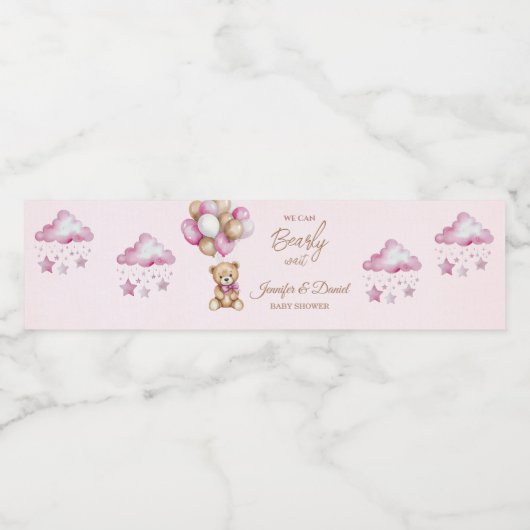 Blush Pink Teddy Girl Baby shower Waterfles Etiket (Enkel label)