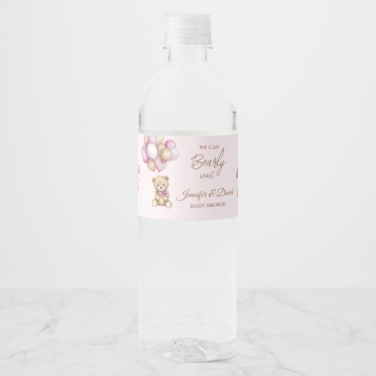 Blush Pink Teddy Girl Baby shower Waterfles Etiket (Voorkant)