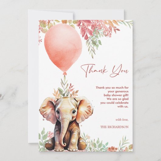 Blush Pink Terracotta Ballon Elephant Baby shower Bedankkaart (Voorkant)